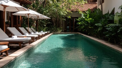 Obraz premium A serene poolside scene with elegant loungers, umbrellas, and vibrant greenery, inviting relaxation and calm in a tropical paradise full of natural beauty.