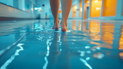 Woman walking through shallow water in indoor pool area