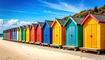 Naklejka premium Colorful beach huts line sandy shore under bright blue sky, creating vibrant and cheerful atmosphere