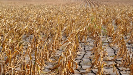 Parched Farmland with Withered Corn Stalks and Cracked Soil Under Hazy Overcast Sky in Dry Rural Landscape.