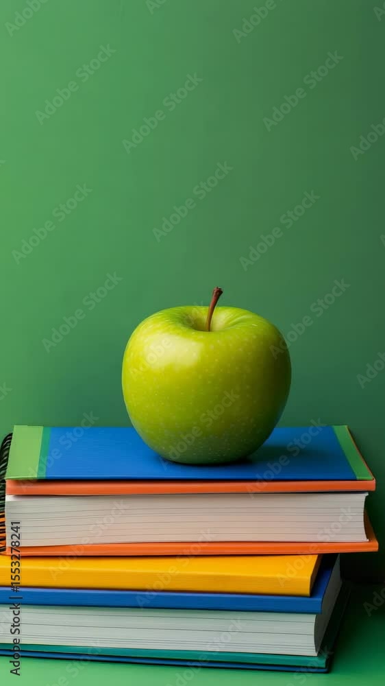 Aufkleber Colorful notebooks stacked on a green surface with a fresh green apple resting on top, creating a vibrant back to school image with copy space