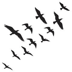 Flock of Black Silhouetted Flying Birds Vector Illustration
