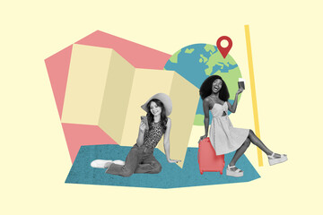 Obraz na płótnie Canvas Sketch template design photo collage composite of two young lady sit hold map planet flight tickets vacation summer season tourist agency