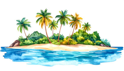 Obraz premium Tropical island scene featuring lush greenery, palm trees, and clear blue water creates serene and inviting atmosphere
