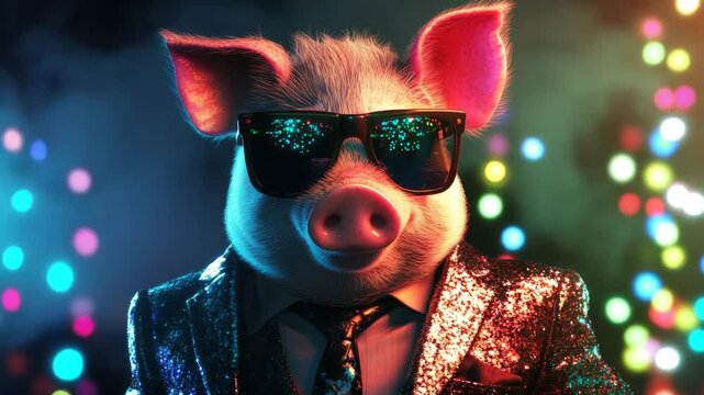 cool party pig with sunglasses on colorful disco background illustrated animation