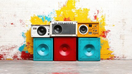 A collection of vintage-inspired boomboxes presented against a vibrant, graffiti-style background showcases the energetic and playful spirit of retro music culture and urban art.