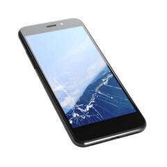 Broken Smartphone Screen: A Modern Gadget's Mishap on a Black Background