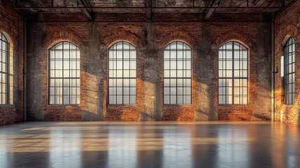 Fototapeta premium Industrial Loft Style Empty Warehouse Interior with Brick Walls, Modern Design, Urban Space, and Industrial Architecture