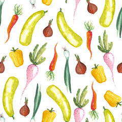 seamless pattern of watercolor vegetable elements on white background. Different vegetables hand painted illustration. Pepper, beet, carrot, onion and zucchini