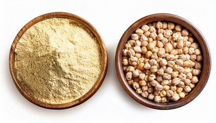 chickpeas and chickpea powder in a bowl closeup top view isolated on white background top view bowl of organic chickpea flour cicer arietinum or gram flour isolated on a white background