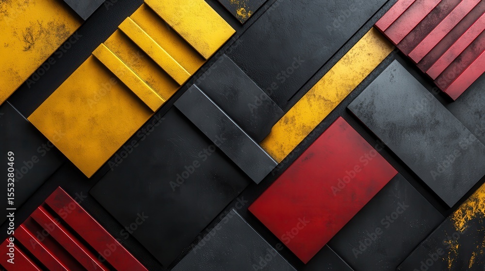 Poster an abstract image featuring a dynamic arrangement of geometric shapes in red, yellow, and black, cre