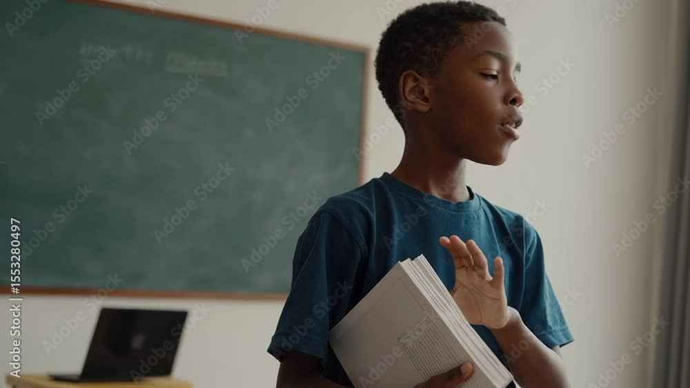 Leinwandbilder confident pupil holding books and gesturing while explaining lesson contents in school classroom, en