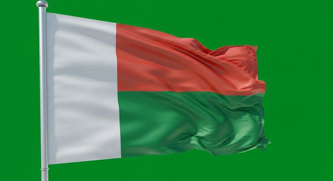 Madagascar's vibrant flag billows proudly against a chroma key green backdrop.