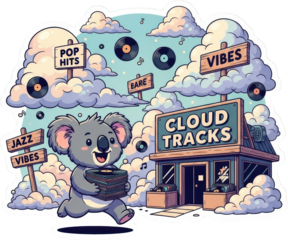Koala carrying vinyl records near a Cloud Tracks music store amidst clouds and musical notes