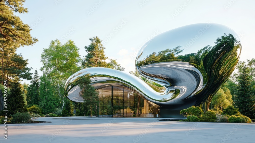 Poster a stunning architectural structure with a fluid metallic design, harmonizing with the surrounding gr