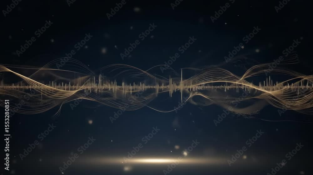 Poster abstract audio visualization with dynamic sound waves in gold on a dark background