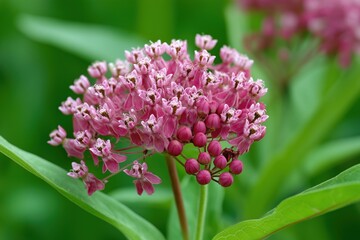 Close-up of pink milkweed flowers. Asclepias tuberosa flower with its tiny flowers and green leaves