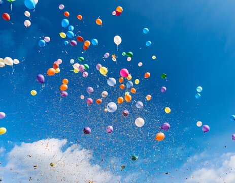 colorful balloons with confetti ascending against a vibrant blue sky background