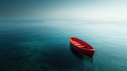 Serene Azure Ocean with Bright Red Rowboat Tranquil Scene of Water Vessel and Vast Openness View
