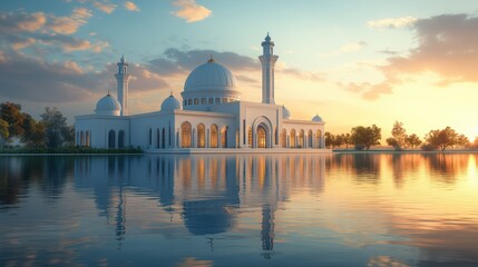 Serene islamic architecture reflected in calm water at peaceful sunset sky with soft colors