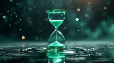 Mystical green hourglass with flowing sand sits on rippling water under a bokeh background
