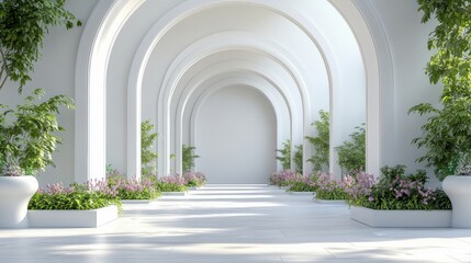 Serene White Arched Hallway with Greenery and Lavender Flowers Gentle Sunlight Elegant Architectural Design
