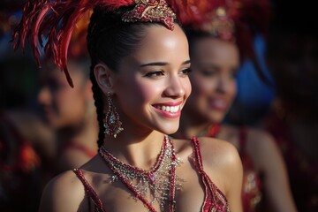 the gorgeous and smiling female dancers in red costumes, adorned with feathers and jewels at the El Morro Fiesta Carnival