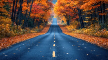 Serene autumnal drive with vibrant foliage and winding road leading to misty horizon scenic road