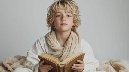Boy with Blond Hair Reads Old Book Scarf Around Neck Sitting Blank Backdrop Bright Neutral Tone Child Student