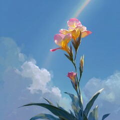 Painted Canna Lily Blossom Against Azure Sky and Cumulus Clouds with Rainbow Hue Artistic Style