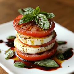 Close up of Fresh Caprese Salad with Balsamic Glaze Featuring Tomato Mozzarella and Basil Leaves