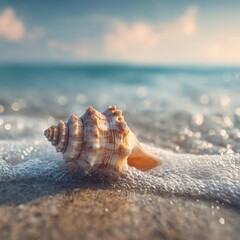 Seashell Serenity Beach Calm Seashell in Gentle Waves Under Pastel Sky a Seaside Escape Captured