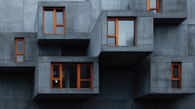 This architectural masterpiece features a striking concrete facade adorned with abstractly arranged orange windows that showcase creative design and modern living.