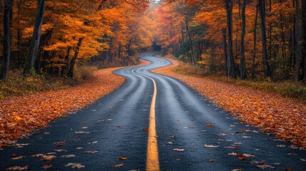 Serpentine Asphalt Road Winding through Vivid Autumn Forest Revealing an Atmospheric Rural Environment