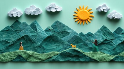Whimsical Fabric Landscape with Mountains Sun Clouds and Figures in a Felt Crafted World