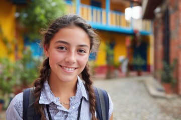 a smiling young Colombian schoolgirl with a backpack, standing in front of multi-colored buildings