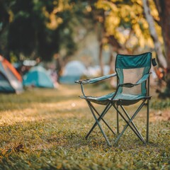Tranquil Campground Green Folding Chair among Tents Outdoors in Warm Sunset Light for Leisure Vacation