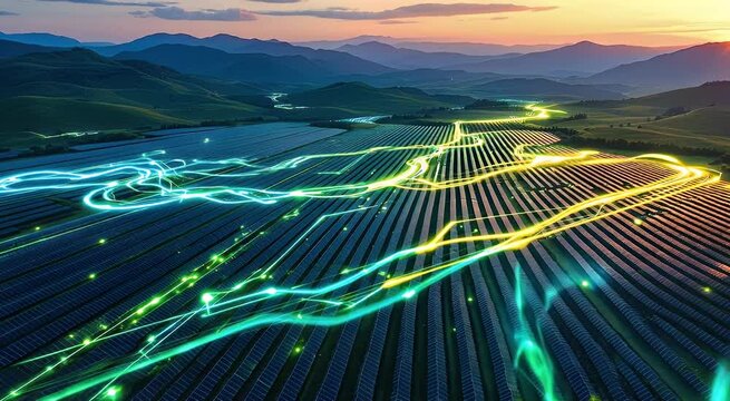 Aerial View of Solar Panel Farm with Energy Flow Visualization at Sunset