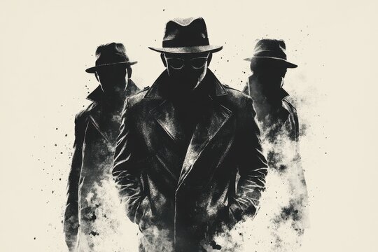 Three men wearing black coats and hats stand in front of a white background. The theme of a spy or a detective or a bandit.