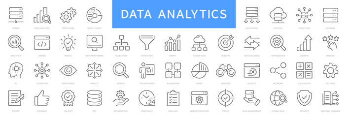 Data analytics line icons. Data, analysis, optimization, processing, mining, technology, monitoring icon set. Editable stroke. Vector