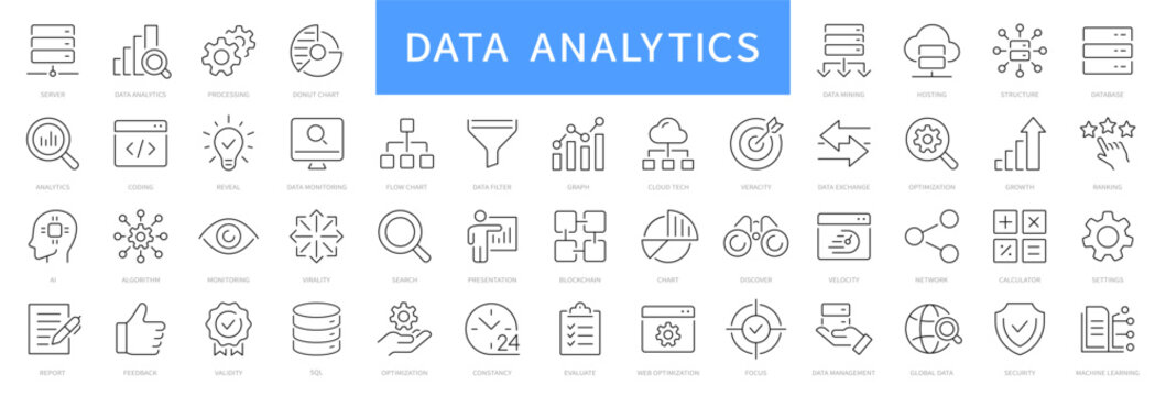 Data analytics line icons. Data, analysis, optimization, processing, mining, technology, monitoring icon set. Editable stroke. Vector