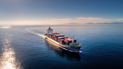Fototapeta premium Cargo ship transporting colorful containers across calm open waters at sunset