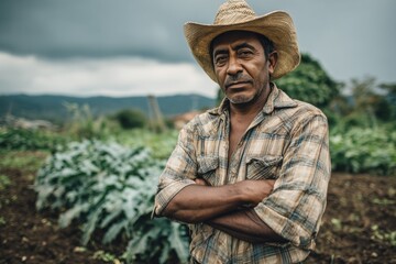 a wealthy, sophisticated Mexican farmer with arms crossed