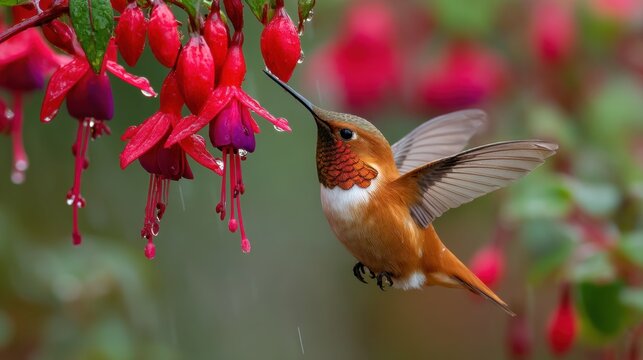 A rufous hummingbird feeds on red flowers in a vibrant natural setting - Powered by Adobe