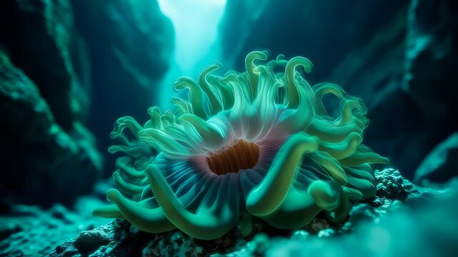 Sea anemone on underwater seamount moving slowly