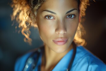 A portrait of an attractive latin nurse with brown eyes and curly hair wearing blue scrubs