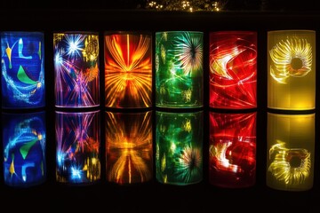 A row of colorful lanterns with a rainbow theme. Collection of abstract light patterns that feature colorful reflections and designs.