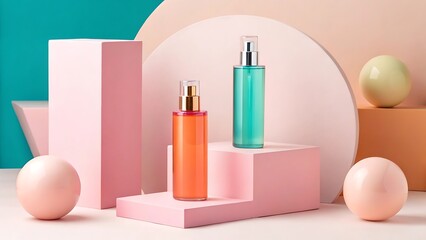 Two colorful cosmetic bottles displayed on pink geometric pedestals with pastel spheres and teal background