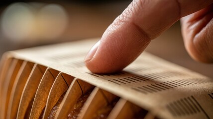 Close-up of finger touching textured paper with cut-out pattern