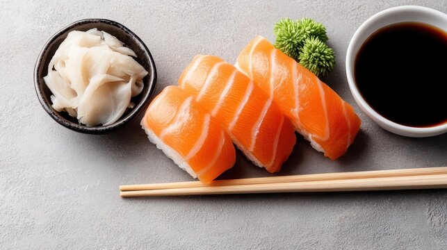 This exquisite image features a beautifully arranged sushi platter highlighting slices of fresh salmon, pickled ginger, and wasabi, tempting food lovers everywhere.